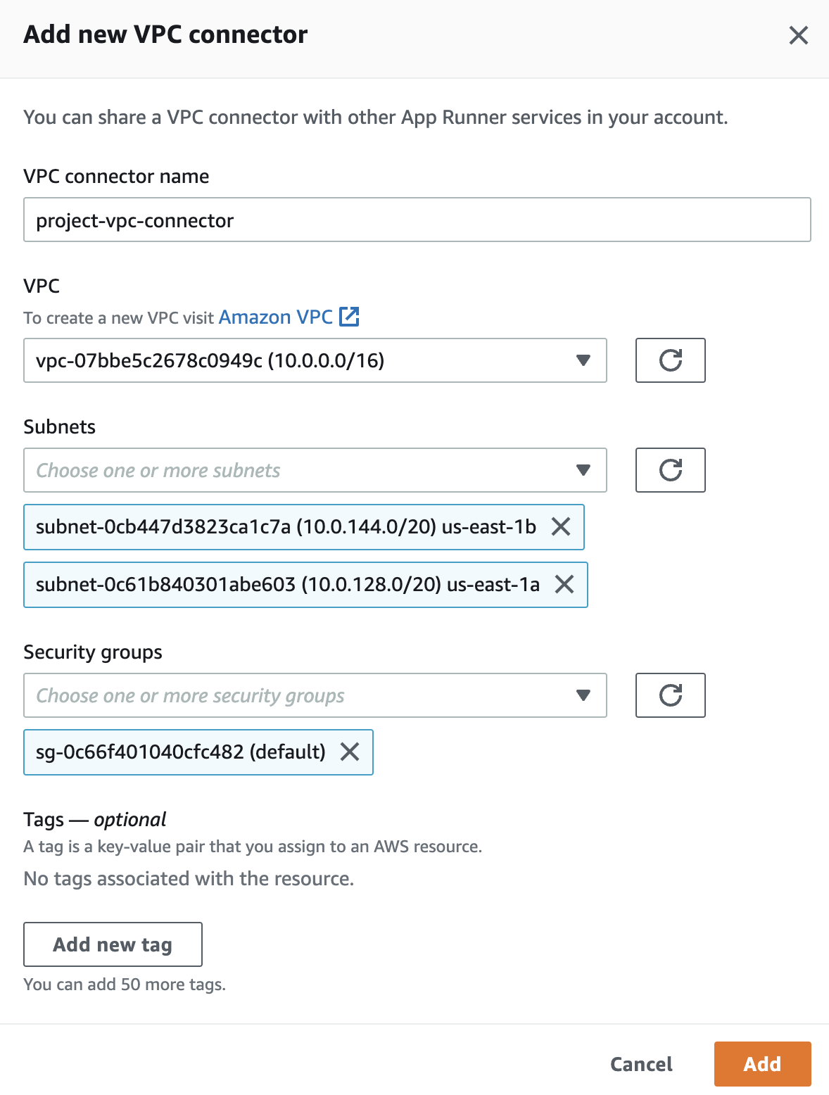 Screenshot of the "Add new VPC connector" screen on the App Runner setup page within the AWS console. The "VPC  connector name" is set to "project-vpc-connector". Under "VPC", the VPC you created is listed. Under "Subnets", the VPC's two private subnets are listed. Under "Security groups", the default security group is listed.